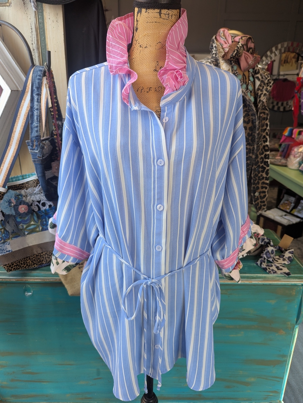 Blue & White Striped Tunic Shirt with Pink Trim